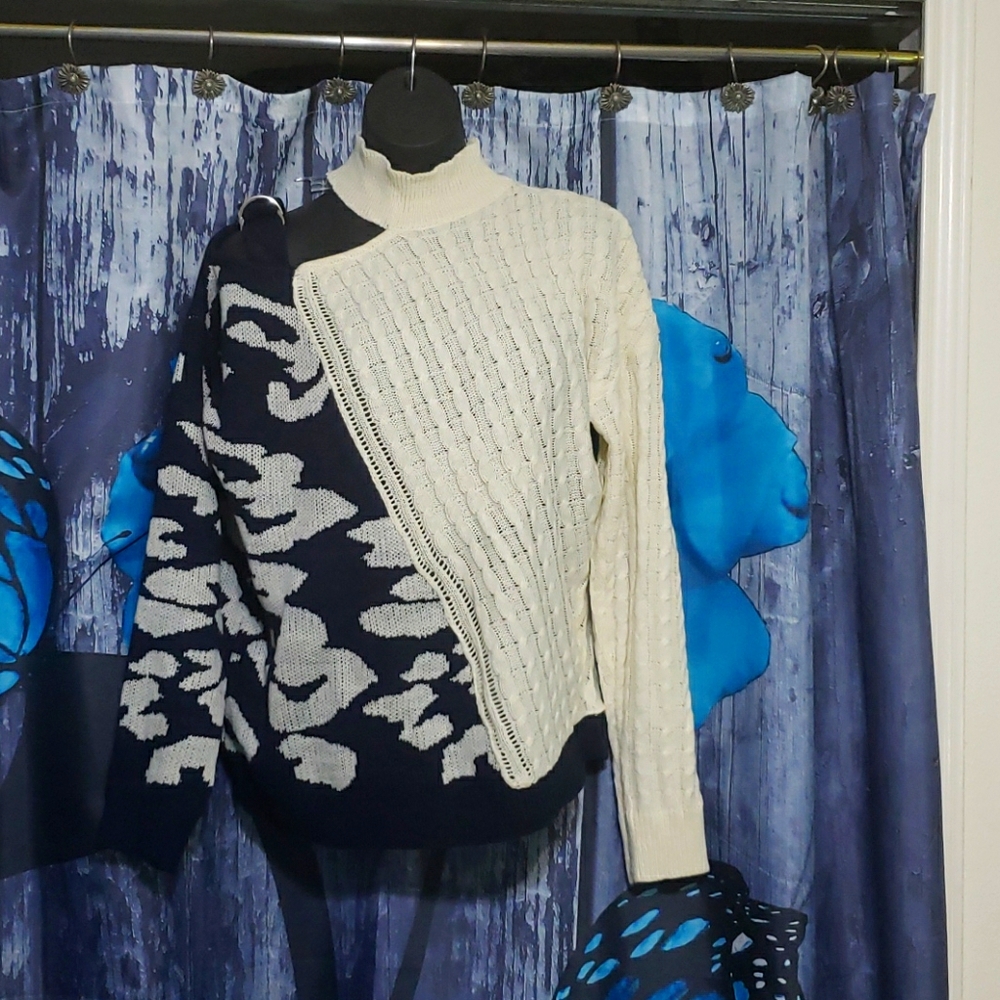 Asymmetrical Blue and cream colored sweater